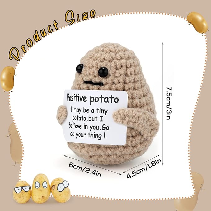Mini Funny Positive Potato, 3 inch Knitted Potato Toy with Card Creative Cute Wool Inspirational Crochet Doll Cheer Up Gifts for Halloween Kids Friends Party Decoration Encouragement