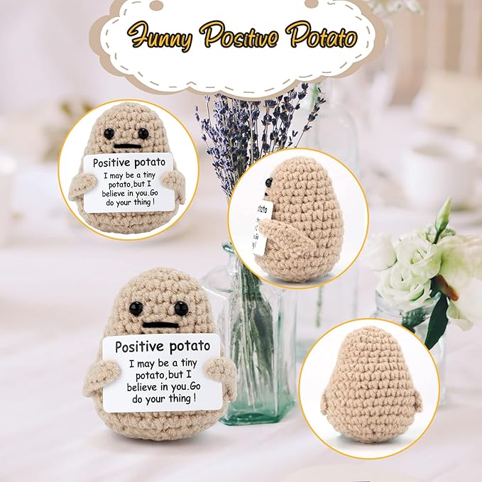 Mini Funny Positive Potato, 3 inch Knitted Potato Toy with Card Creative Cute Wool Inspirational Crochet Doll Cheer Up Gifts for Halloween Kids Friends Party Decoration Encouragement