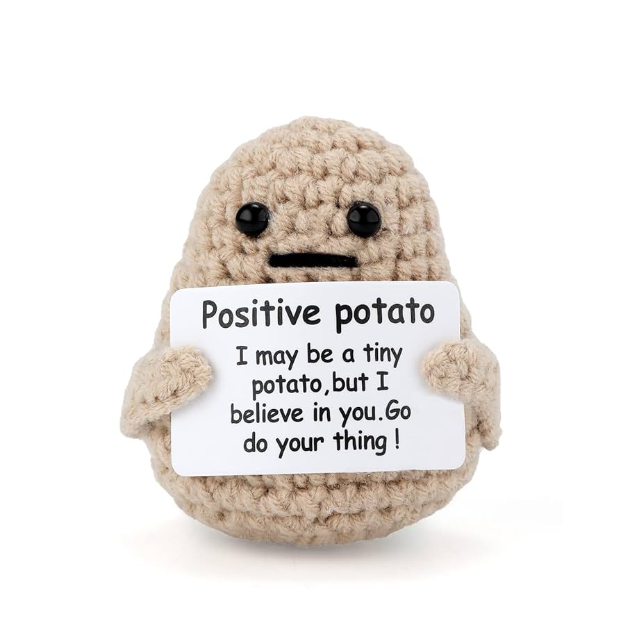 Mini Funny Positive Potato, 3 inch Knitted Potato Toy with Card Creative Cute Wool Inspirational Crochet Doll Cheer Up Gifts for Halloween Kids Friends Party Decoration Encouragement