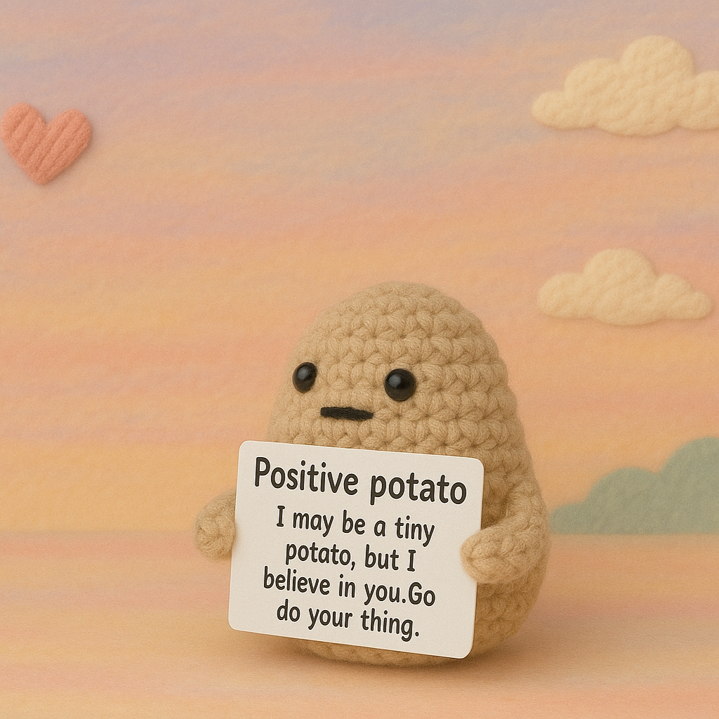 Mini Funny Positive Potato, 3 inch Knitted Potato Toy with Card Creative Cute Wool Inspirational Crochet Doll Cheer Up Gifts for Halloween Kids Friends Party Decoration Encouragement