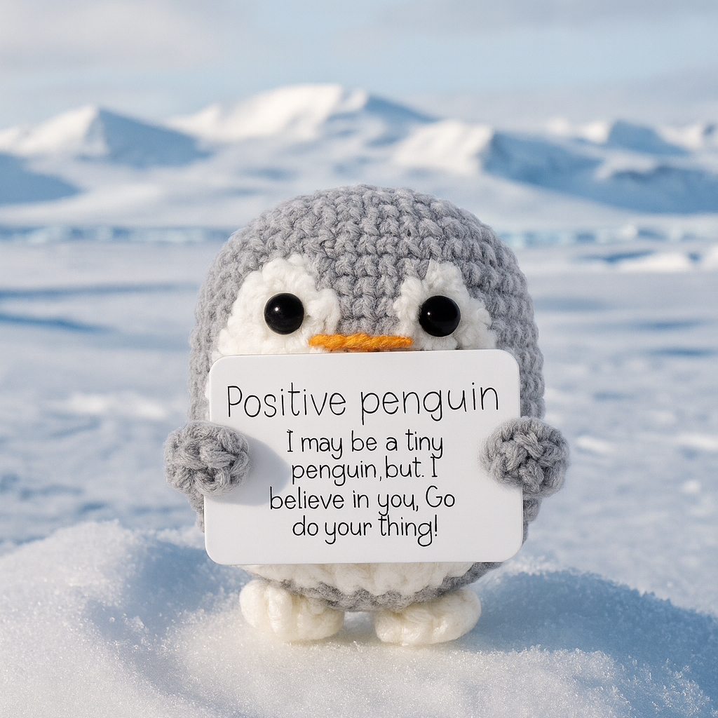 Crocheted penguin holding a sign with motivational text on a snowy background