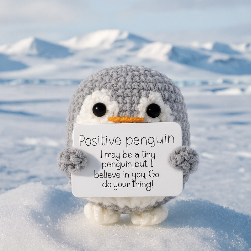 Crocheted penguin holding a sign with motivational text on a snowy background
