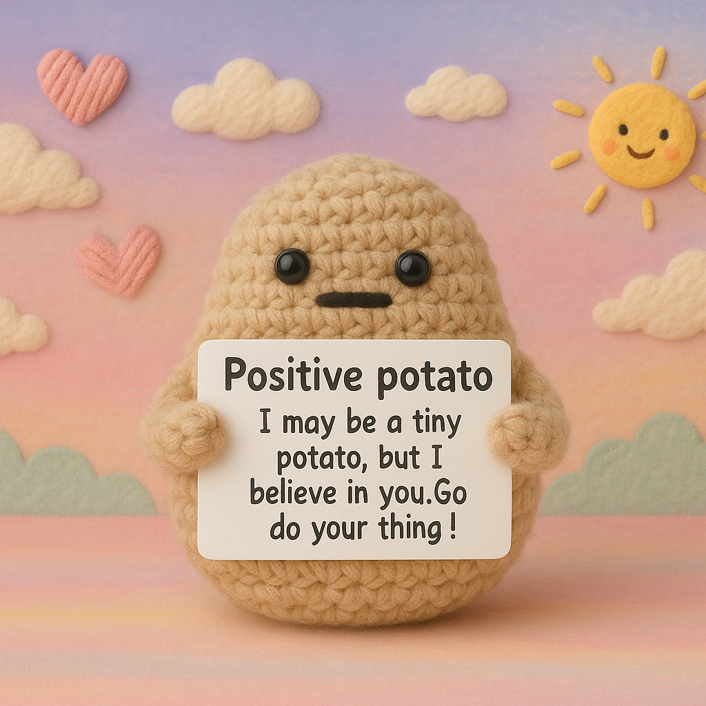 Mini Funny Positive Potato, 3 inch Knitted Potato Toy with Card Creative Cute Wool Inspirational Crochet Doll Cheer Up Gifts for Halloween Kids Friends Party Decoration Encouragement